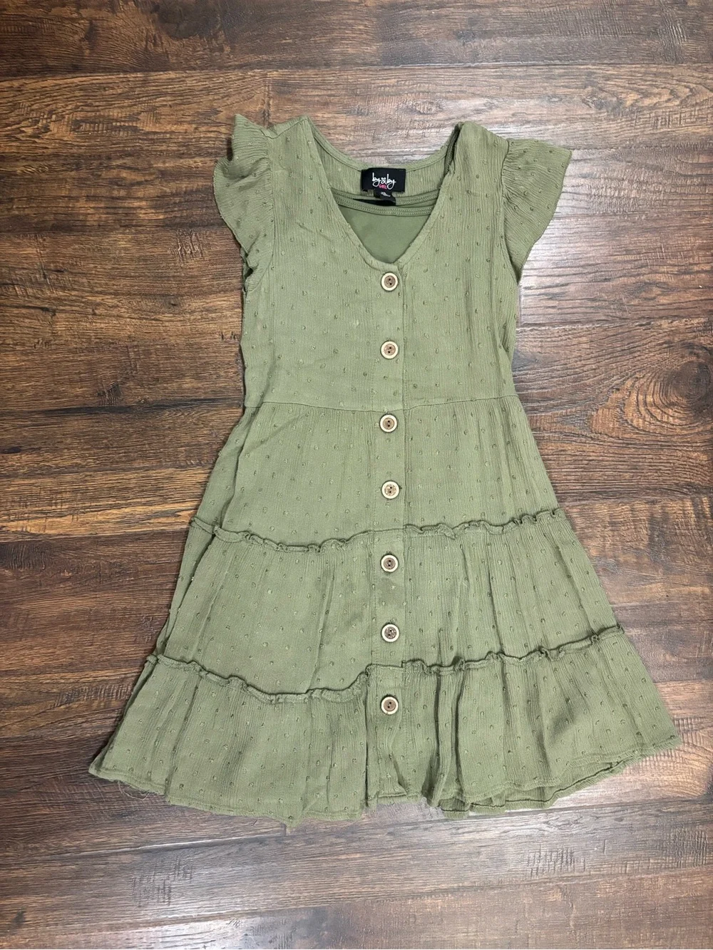 Olive Green Button-Front Tiered Dress